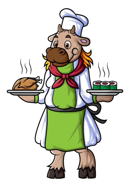 Una pecora cartone animato che lavora come chef portando due piatti di cibo