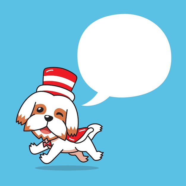 Vettore cane di cartone animato shih tzu con costume di natale e bolla di discorso