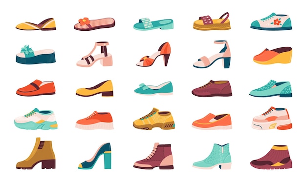 Scarpe da cartone animato. calzature flat autunnali, scarpe running e sandali estivi, collezione di sneakers e stivali uomo e donna. set di illustrazione vettoriale isolato di scarpe