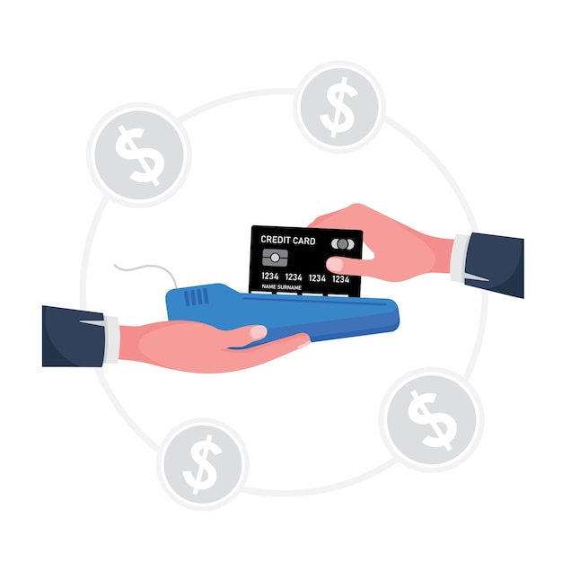 A cartoon showing swipe credit card feature a hand holding machine while the other hand holding a card