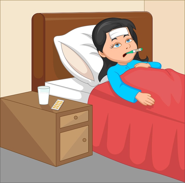 Premium Vector | Cartoon sick girl with high temperature Premium Vector | Cartoon sick girl with high temperature