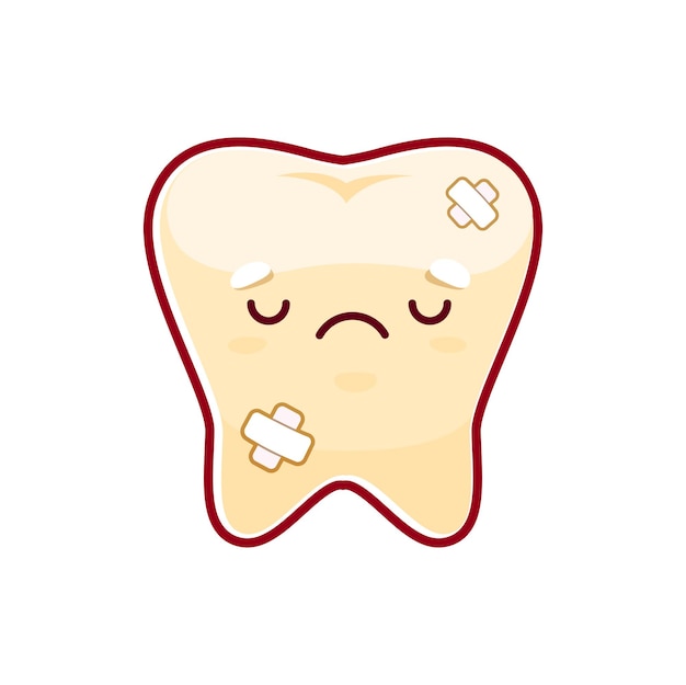 Vector cartoon sick tooth with patches sad character