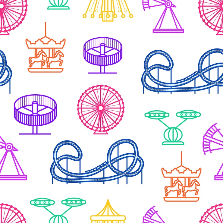 Vector cartoon silhouet pretpark naadloze patroon achtergrond attractie leisure concept element platte ontwerpstijl vectorillustratie
