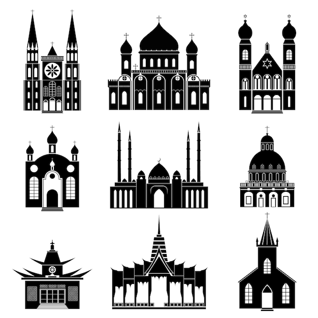 Cartoon silhouet zwarte kerken en tempels Icon Set Vector