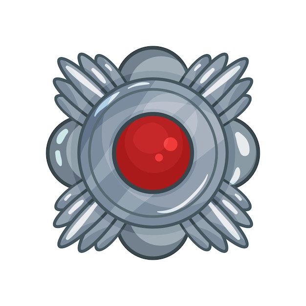 Cartoon silver medal decorated with big red stone in the middle. Badge in circle shape. Army insignia. Cartoon military award, victory reward. Graphic design element. Vector illustration in flat style
