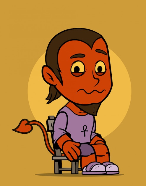 Персонаж мультфильма сидит маленький красный дьявол