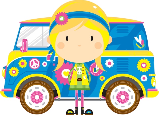 Cartoon Sixties Flower Power Hippie Girl Karakter met Retro Camper Van