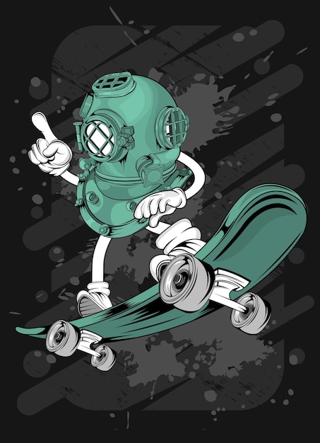 Cartoon skating diving helmet tshirt design illustration