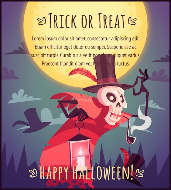 Cartoon skelet schedel hatter met lamp op volle maan hemelachtergrond happy halloween poster trick or treat wenskaart illustratie