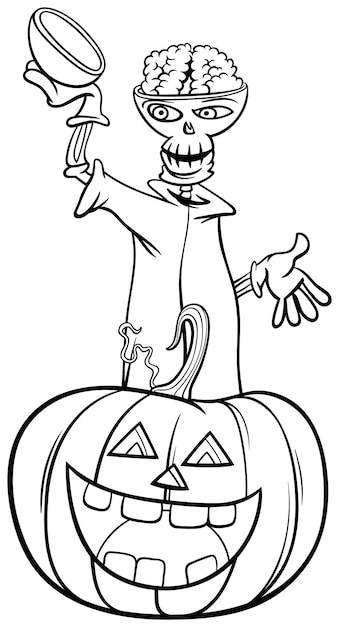 Cartoon skeleton with halloween pumpkin coloring page