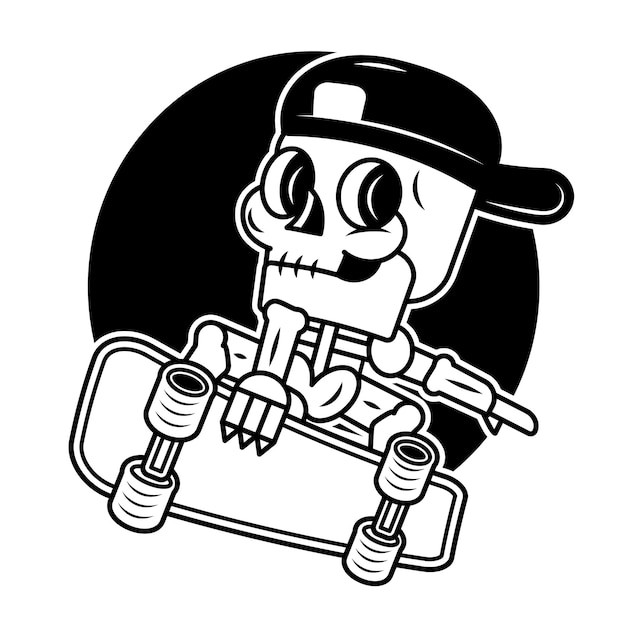 Вектор Мультяшный скелет с шарфом для катания на скейтборде, скейтбординг на скейтборде