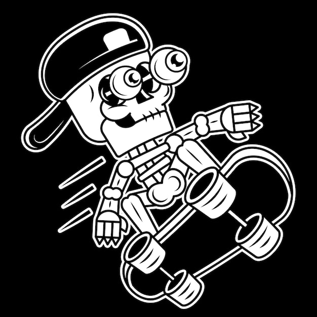 Scheletro di cartone animato con sciarpa in sella a skateboard, scheletro che scivola sullo skateboard