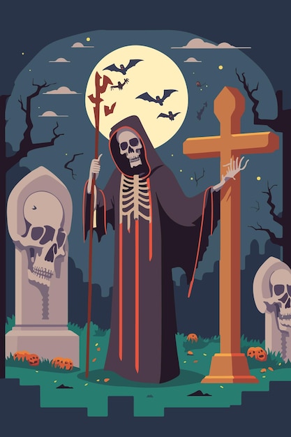 A cartoon of a skeleton with a scythe in front of a cemetery with bats and a cross.