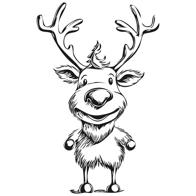 Vettore disegno animato di natale renne cervo disegnato a mano vintage inciso in bianco nero isolato inchiostro vettoriale contorno modello per cartellino di auguri poster logo invito