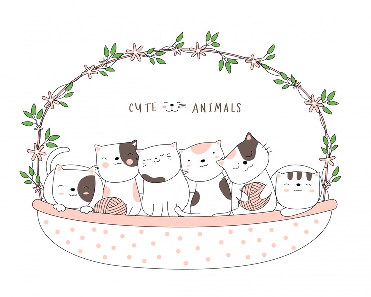 Vector cartoon sketch the cute baby cat animal with a flower basket. hand-drawn style.