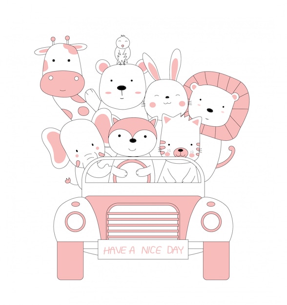 Мультяшный эскиз милый ребенок животных с автомобилем. рисованный стиль