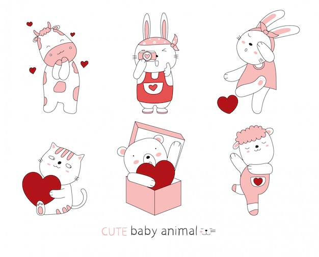 벡터 귀여운 자세 아기 동물을 스케치하십시오. 발렌타인 데이 손으로 그린 스타일.