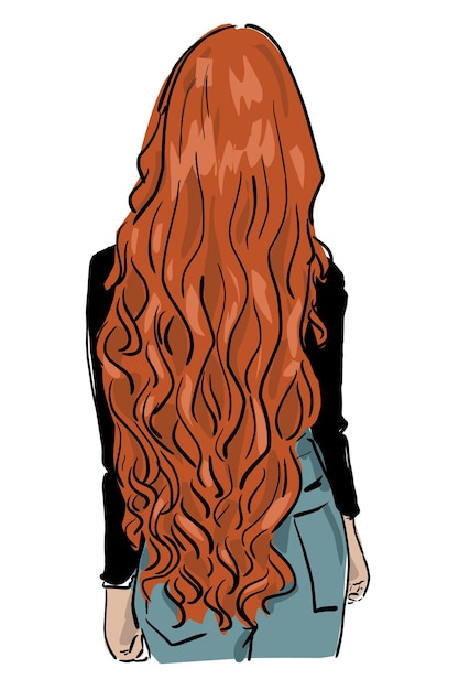 cartoon sketch young woman long red curly hair blue pants black shirt