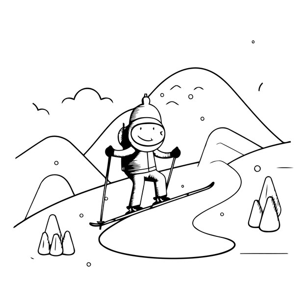 Вектор Карикатурный лыжник в горах для вашего дизайна