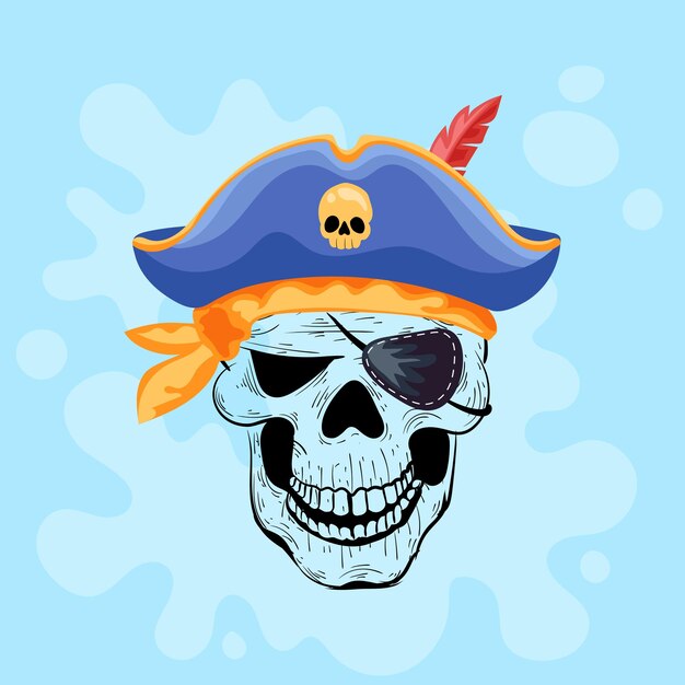 Cartoon skull with a feather and a hat