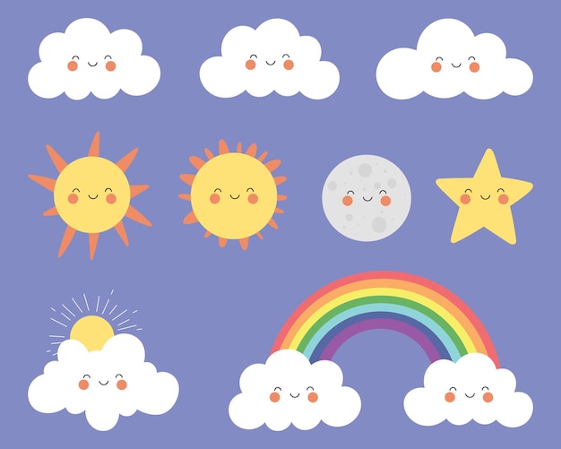 Cartoon sky elements featuring happy clouds sunshine rainbow moon and star on a soft violet background Cute and cheerful art