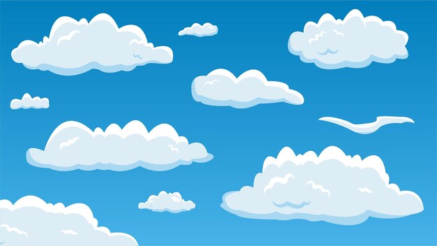 Cartoon sky with random clouds vector background illustration sky design.