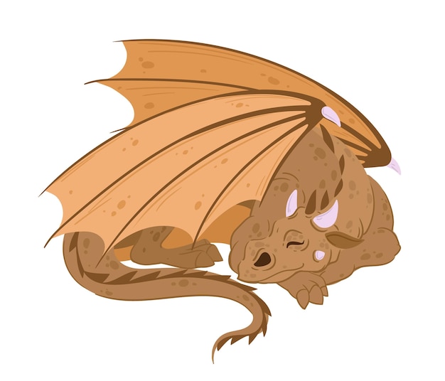 漫画の眠っているドラゴンかわいいファンタジー爬虫類の翼のある魔法のドラゴン休憩妖精ドラゴン フラット ベクトル図