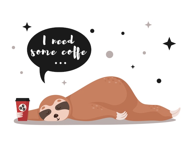 Vector cartoon sleeping sloth with coffee cup.