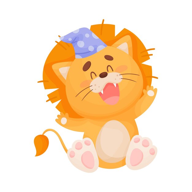 Vector cartoon sleepy lion wearing night cap sitting and yawning vector illustration time to sleep kids concept