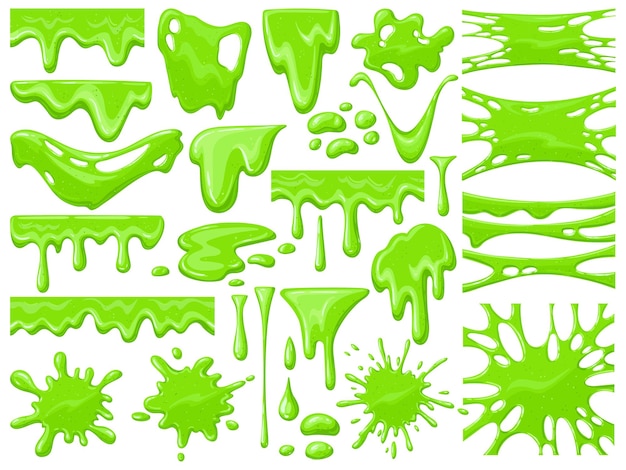 Cartoon slijm druipen. Groene kleverige buitenaardse slijm blobs, griezelige halloween giftige slijm druipende vector illustratie set. Druipend groen cartoonslijm. Druppel en klodder, slijm groene vloeistof, giftige splatter