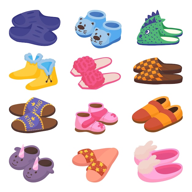 Cartoon slippers for kid and adults Women home shoes fluffy footwear Winter house cozy slipper comfortable accessories neoteric vector clipart of comfortable footwear slipper illustration