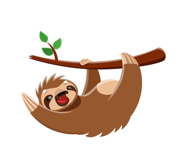 Cartoon sloth character cheerful tropical animal with a big grin lazy yet lovable contently hanging from tree branch radiating positivity and charm isolated vector personage for kids book or game