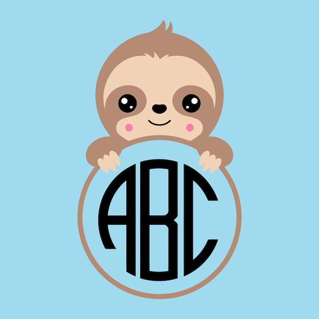 A cartoon sloth holding a circle with the letters abc on it.