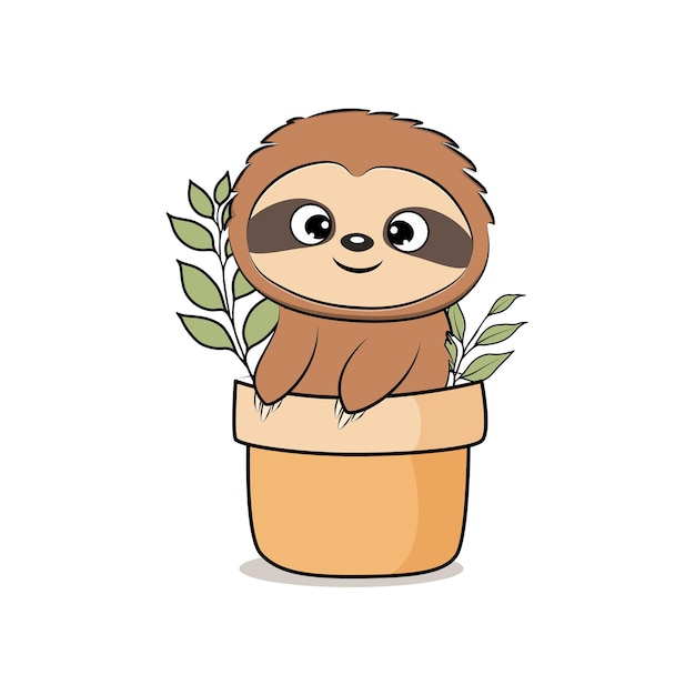 Мультяшный ленивец в горшке с листьями и растением.