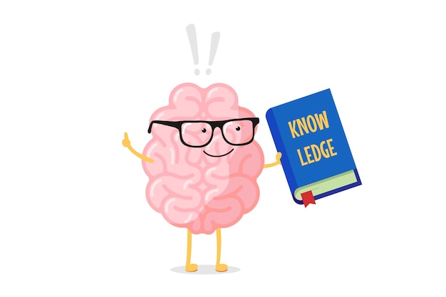 Vector cartoon smart brain character in glasses holding blue book with knowledge inscription and exclamation mark. central nervous system organ education funny flat vector illustration