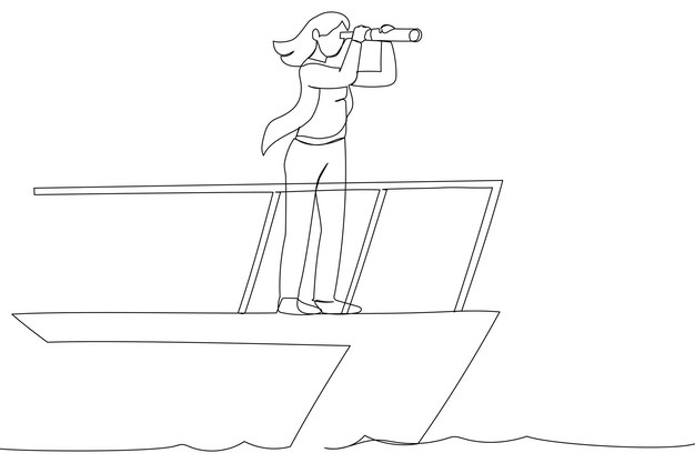 cartoon of smart businesswoman boat captain control steering wheel helm with telescope vision business leadership and visionary to lead company success continuous line art style