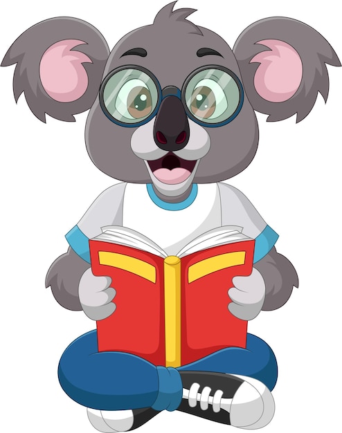 Cartoon smart koala reading a book