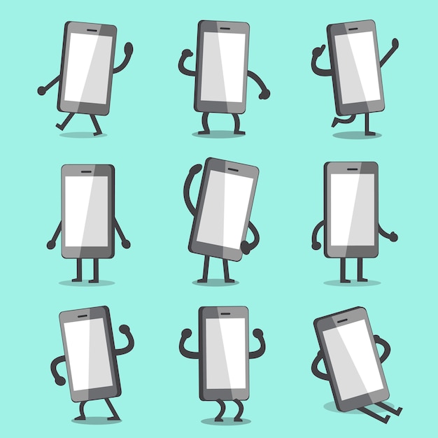 Vector cartoon smartphone character poses with empty screen