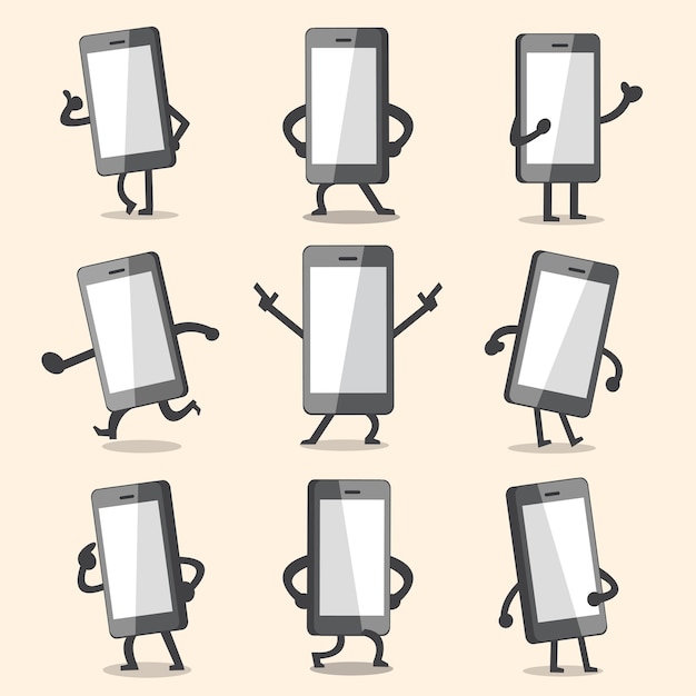 Cartoon smartphone character poses