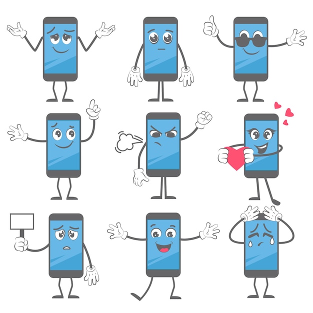 Cartoon smartphone. de actie van de mobiele telefoonmascotte stelt met handen en benen in het karakterbeeld van de laarsentablet.