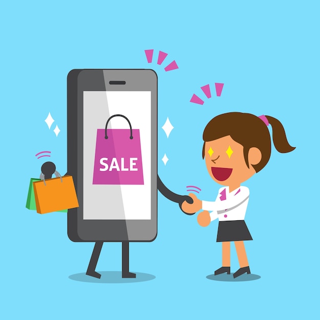 Cartoon smartphone with shopping bag shake hand with a woman