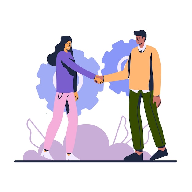 Vector cartoon smiling colleagues shaking hands with each other people celebrating success at work support and teamwork career goal achievement getting promotion at work vector