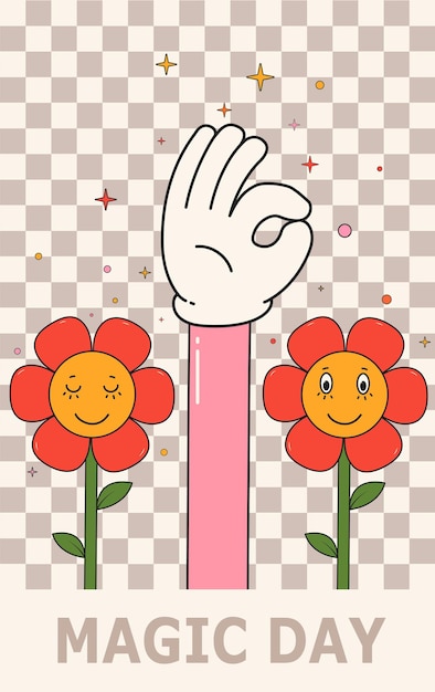 Cartoon smiling flowers ok hand sign children's comic graphics in a surreal fairy tale style