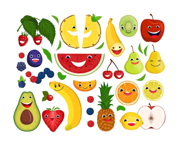 Vector cartoon smiling fruit berries collection vector illustration cleansing body with natural organic