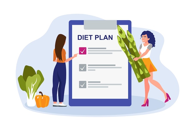 Cartoon smiling girls making diet plan Diet meal for weight loss Fresh fruits and vegetables as sources of energy Vector flat style illustration on white background
