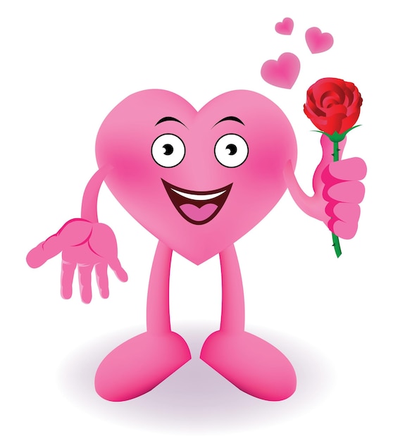 Cartone animato cuore sorridente e in possesso di una rosa