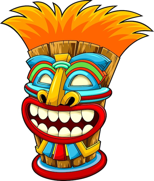 Cartoon Smiling Tiki Tribal Wooden Mask Vector Hand Drawn Illustration