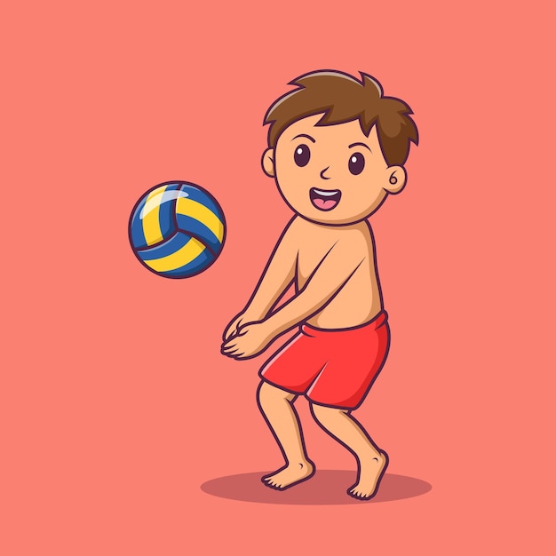 Cartoon smilling boy playing beach volleyball