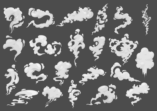 Cartoon smoke clouds, white aroma or toxic steaming vapour, dust steam.