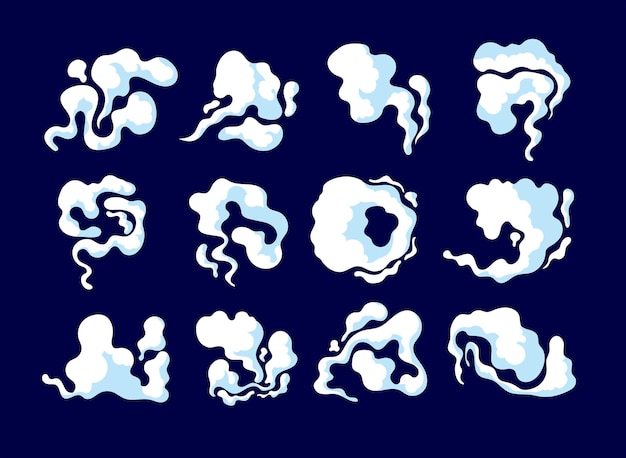 만화 연기입니다. 먼지 구름 모양, 자동차 안개. 흡연 또는 나쁜 냄새 요소, 흰색 퍼프 흔적 또는 폭탄 폭발 효과 벡터 일러스트 레이 션. 게임용 연기 구름, 폭발 후 바람 연기